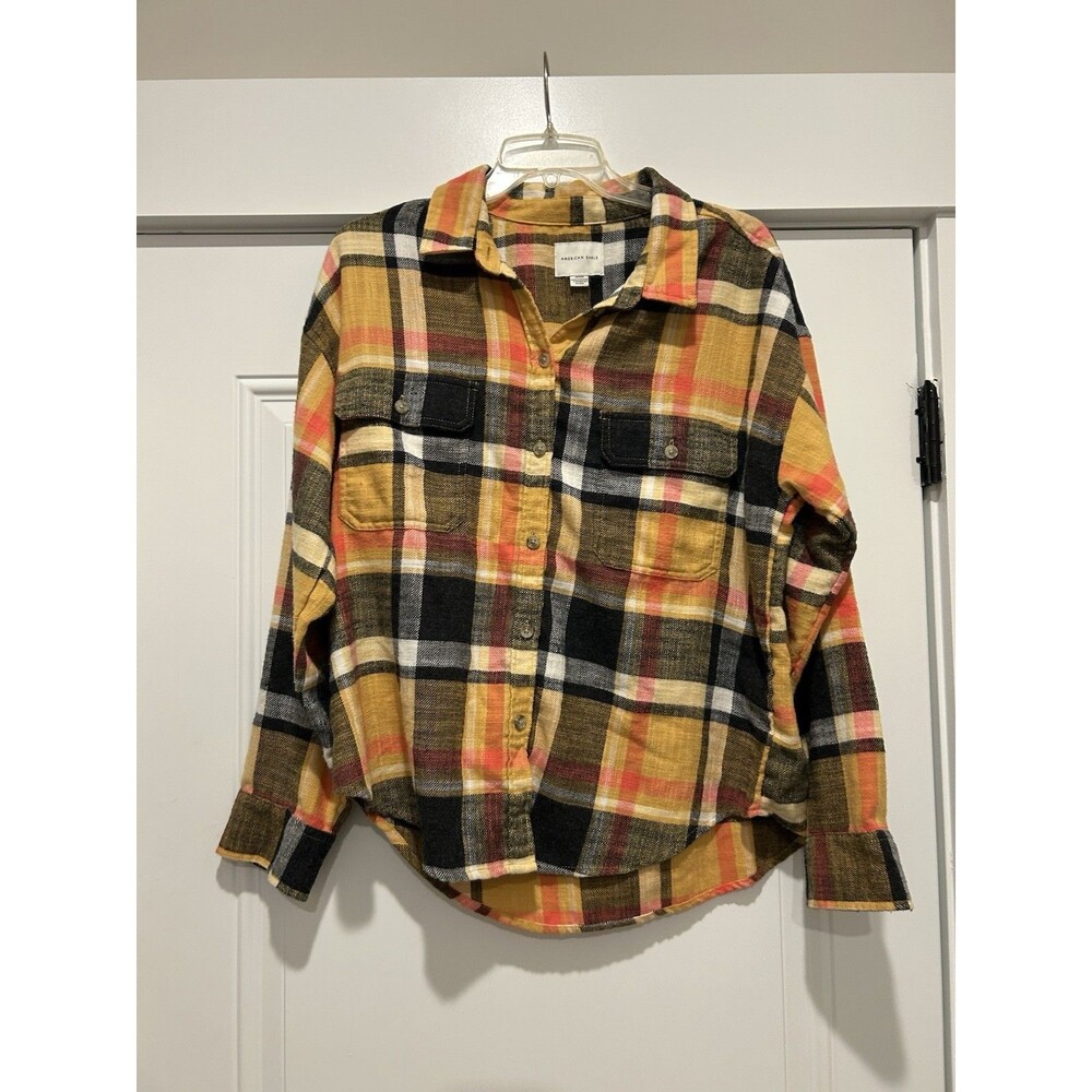 American Eagle Womens Plaid Flannel Button Up Shirt Medium Yellow Gorp Preppy